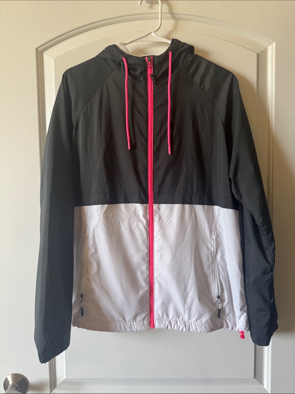 New Balance Black & White Colorblock Hooded Bomber Jacket with Pink Trim
